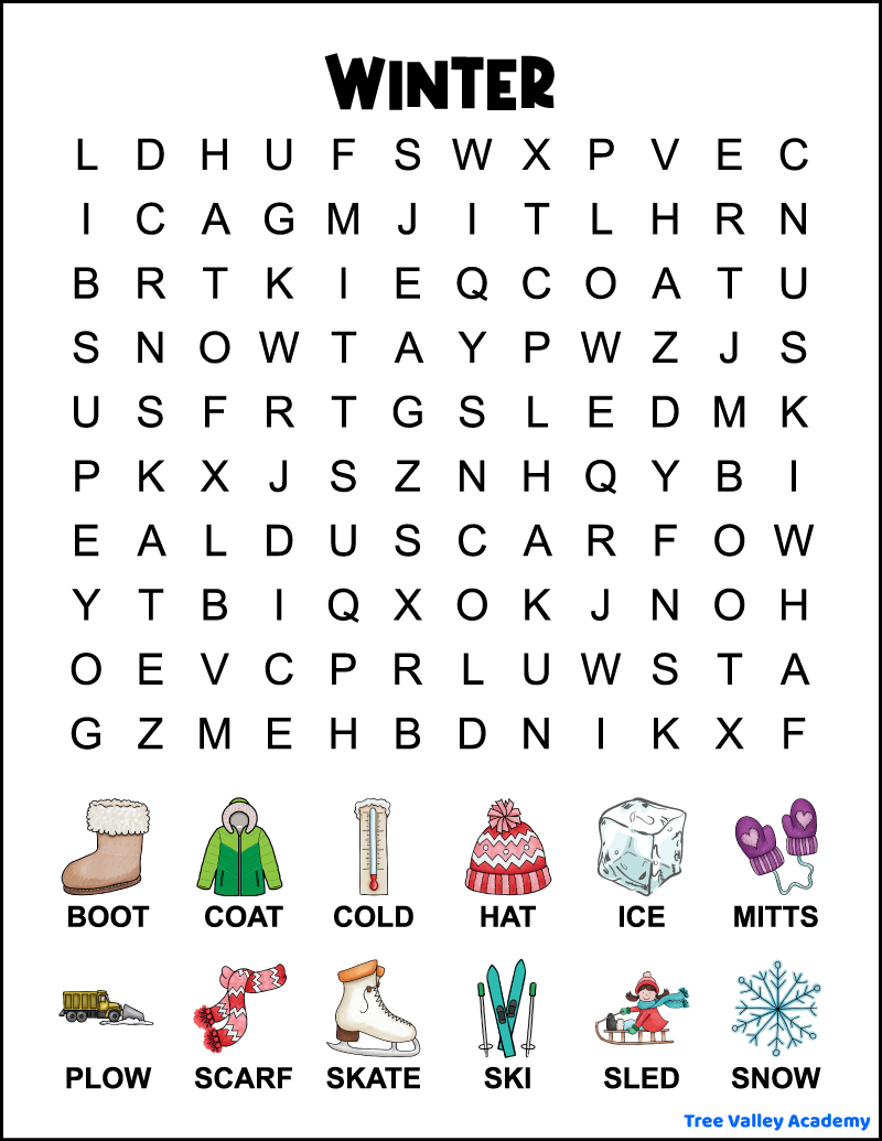 1st grade winter word search - tree valley academy
